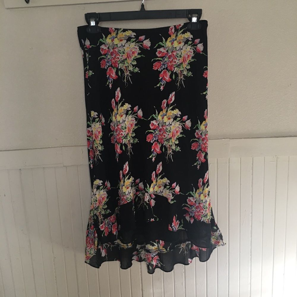 Vintage 90s Y2K Black Floral Low Rise MIDI Skirt Size 10